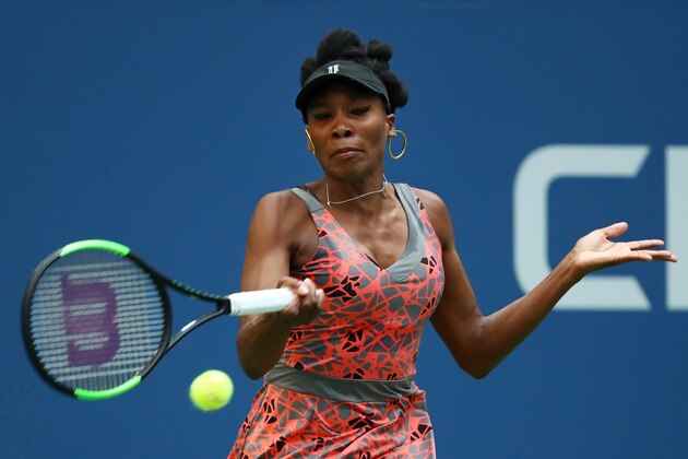 NEW YORK, NY - SEPTEMBER 01:  Venus Williams of the United States returns a shot to Maria Sakkari of Greece during their third round match on Day Five of the 2017 US Open at the USTA Billie Jean King National Tennis Center on September 1, 2017 in the Flushing neighborhood of the Queens borough of New York City.  (Photo by Al Bello/Getty Images)