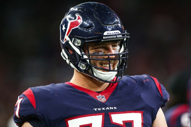 Aug 19, 2017; Houston, TX, USA; Houston Texans offensive tackle David Quessenberry (77) smiles during the game against the New England Patriots at NRG Stadium. Mandatory Credit: Troy Taormina-USA TODAY Sports