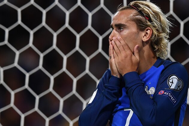 France's forward Antoine Griezmann reacts after missing a shot during the FIFA World Cup 2018 qualifying football match France vs Luxembourg on September 3, 2017 at the Municipal Stadium in Toulouse, southern France.   / AFP PHOTO / FRANCK FIFE        (Photo credit should read FRANCK FIFE/AFP/Getty Images)