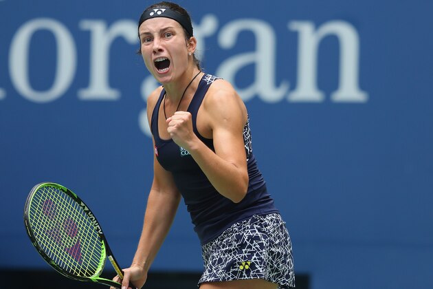 NEW YORK, NY - SEPTEMBER 03:  Anastasija Sevastova of Latvia reacts during her women's singles fourth round match against Maria Sharapova of Russia on Day Seven of the 2017 US Open at the USTA Billie Jean King National Tennis Center on September 3, 2017 in the Flushing neighborhood of the Queens borough of New York City.  (Photo by Richard Heathcote/Getty Images)