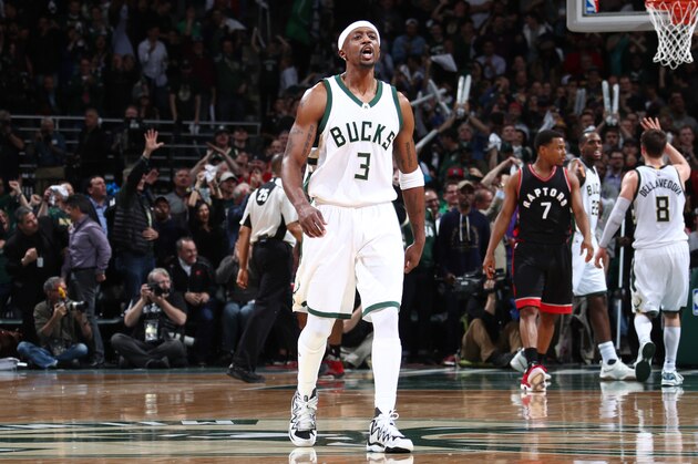 Milwaukee, WI - APRIL 27:  Jason Terry #3 of the Milwaukee Bucks celebrates during Game Six of the Eastern Conference Quarterfinals of the 2017 NBA Playoffs on April 27, 2017 at the BMO Harris Bradley Center in Milwaukee, Wisconsin. NOTE TO USER: User expressly acknowledges and agrees that, by downloading and/or using this photograph, user is consenting to the terms and conditions of the Getty Images License Agreement. Mandatory Copyright Notice: Copyright 2017 NBAE (Photo by Nathaniel S. Butler/NBAE via Getty Images)