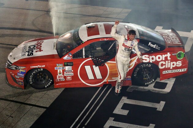 DARLINGTON, SC - SEPTEMBER 03:  Denny Hamlin, driver of the #11 Sport Clips Toyota, celebrates winning the Monster Energy NASCAR Cup Series Bojangles' Southern 500 at Darlington Raceway on September 3, 2017 in Darlington, South Carolina.  (Photo by Sarah Crabill/Getty Images)
