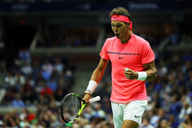 NEW YORK, NY - SEPTEMBER 02:  Rafael Nadal of Spain reacts against Leonardo Mayer of Argentina during their third round Men's Singles match on Day Six of the 2017 US Open at the USTA Billie Jean King National Tennis Center on September 2, 2017 in the Flushing neighborhood of the Queens borough of New York City.  (Photo by Richard Heathcote/Getty Images)