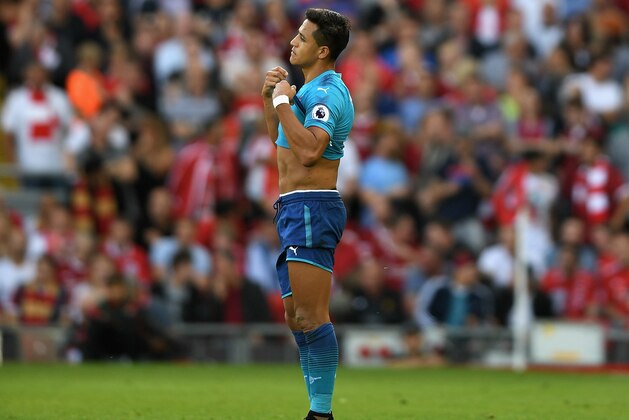 LIVERPOOL, ENGLAND - AUGUST 27:  Alexis Sanchez of Arsenal reacts during the Premier League match between Liverpool and Arsenal at Anfield on August 27, 2017 in Liverpool, England.  (Photo by Michael Regan/Getty Images)