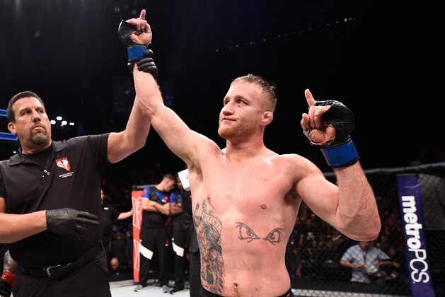 LAS VEGAS, NV - JULY 07:  Justin Gaethje celebrates after defeating Michael Johnson in their lightweight bout during The Ultimate Fighter Finale at T-Mobile Arena on July 7, 2017 in Las Vegas, Nevada.  (Photo by Brandon Magnus/Zuffa LLC/Zuffa LLC via Getty Images)