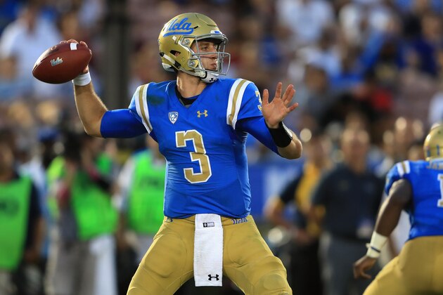 PASADENA, CA - SEPTEMBER 03:  Josh Rosen #3 of the UCLA Bruins passes the ball during the second half of a game against the Texas A&M Aggies at the Rose Bowl on September 3, 2017 in Pasadena, California.  (Photo by Sean M. Haffey/Getty Images)