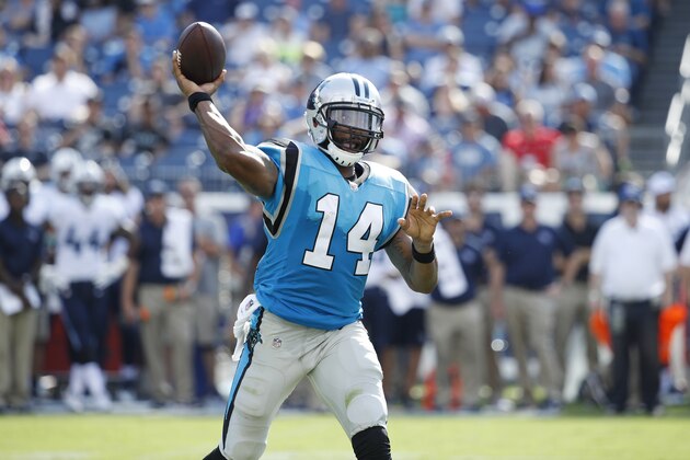 NASHVILLE, TN - AUGUST 19: Joe Webb #14 of the Carolina Panthers throws a pass during a preseason game against the Tennessee Titans at Nissan Stadium on August 19, 2017 in Nashville, Tennessee. (Photo by Joe Robbins/Getty Images)