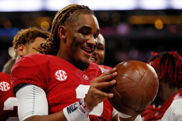 ATLANTA, GA - SEPTEMBER 02:  Jalen Hurts #2 of the Alabama Crimson Tide celebrates with the Chick-fil-A Kick-Off Game trophy after defeating the Florida State Seminoles 24-7 in their game at Mercedes-Benz Stadium on September 2, 2017 in Atlanta, Georgia.  (Photo by Kevin C. Cox/Getty Images)