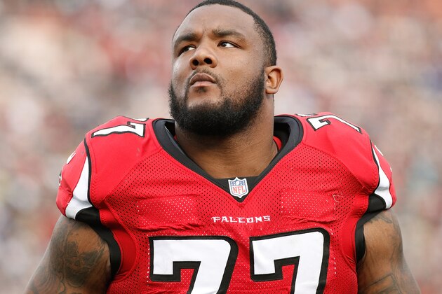 LOS ANGELES, CA - DECEMBER 11:  Ra'Shede Hageman #77 of the Atlanta Falcons walks onto the field at Los Angeles Memorial Coliseum on December 11, 2016 during their game agaist the Los Angeles Rams in Los Angeles, California.  (Photo by Josh Lefkowitz/Getty Images)