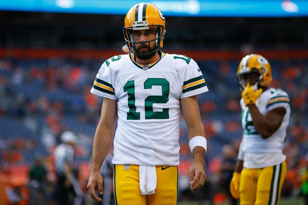 DENVER, CO - AUGUST 26:  Quarterback Aaron Rodgers #12 of the Green Bay Packers warms up before a Preseason game against the Denver Broncos at Sports Authority Field at Mile High on August 26, 2017 in Denver, Colorado. (Photo by Justin Edmonds/Getty Images)