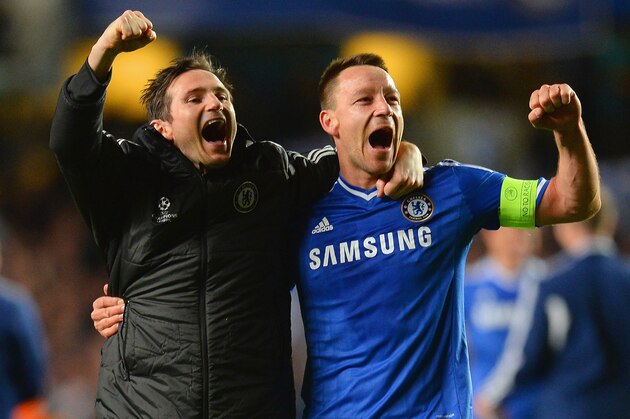 LONDON, ENGLAND - APRIL 08: Frank Lampard and John Terry of Chelsea celebrate victory during the UEFA Champions League Quarter Final second leg match between Chelsea and Paris Saint-Germain FC at Stamford Bridge on April 8, 2014 in London, England.  (Photo by Mike Hewitt/Getty Images)