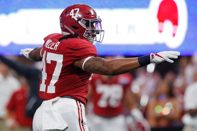 ATLANTA, GA - SEPTEMBER 02:  Christian Miller #47 of the Alabama Crimson Tide reacts to a missed field goal by Florida State Seminoles during their game at Mercedes-Benz Stadium on September 2, 2017 in Atlanta, Georgia.  (Photo by Kevin C. Cox/Getty Images)
