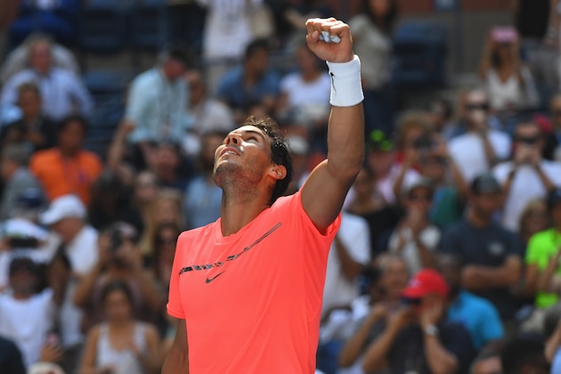 Rafael Nadal of Spain celebrates his victory over Alexandr Dolgopolov of Ukraine during their Round 4, US Open 2017, Men's Singles match at the USTA Billie Jean King National Tennis Center on September 4, 2017, in New York.
Nadal advanced to the US Open quarterfinals, winning 6-2, 6-4, 6-1. / AFP PHOTO / TIMOTHY A. CLARY        (Photo credit should read TIMOTHY A. CLARY/AFP/Getty Images)