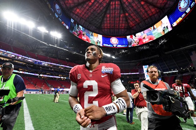 Sep 2, 2017; Atlanta, GA, USA; Alabama Crimson Tide quarterback Jalen Hurts (2) leaves the field after defeating the Florida State Seminoles at Mercedes-Benz Stadium. Alabama won 24-7. Mandatory Credit: John David Mercer-USA TODAY Sports