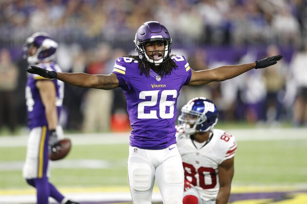 MINNEAPOLIS, MN - OCTOBER 03: Trae Waynes #26 of the Minnesota Vikings reacts after making a tackle during the game against the New York Giants at U.S. Bank Stadium on October 3, 2016 in Minneapolis, Minnesota. The Vikings defeated the Giants 24-10. (Photo by Joe Robbins/Getty Images)