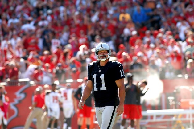TAMPA, FL - OCTOBER 30:  Kicker Sebastian Janikowski #11 of the Oakland Raiders reacts after missing a 54-yard field goal as time expired at the end of the fourth quarter to send the game into overtime of an NFL game against the Tampa Bay Buccaneers on October 30, 2016 at Raymond James Stadium in Tampa, Florida. (Photo by Brian Blanco/Getty Images)