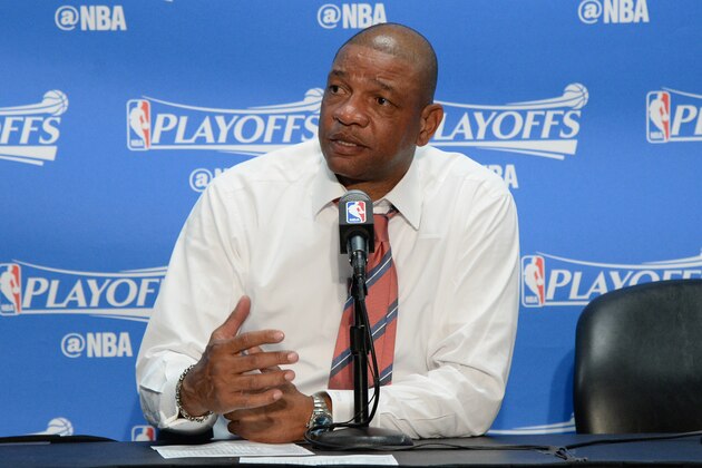 LOS ANGELES, CA - APRIL 25:  Doc Rivers of the LA Clippers talks to the media at a press conference after Game Five of the Western Conference Quarterfinals against the Utah Jazz during the 2017 NBA Playoffs on April 25, 2017 at STAPLES Center in Los Angeles, California. NOTE TO USER: User expressly acknowledges and agrees that, by downloading and/or using this Photograph, user is consenting to the terms and conditions of the Getty Images License Agreement. Mandatory Copyright Notice: Copyright 2017 NBAE (Photo by Andrew D. Bernstein/NBAE via Getty Images)