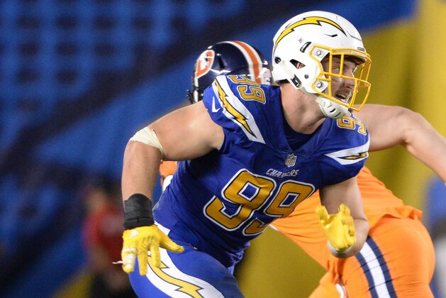 Oct 13, 2016; San Diego, CA, USA; San Diego Chargers defensive end Joey Bosa (99) runs during the second half of the game against the Denver Broncos at Qualcomm Stadium. San Diego won 21-13. Mandatory Credit: Orlando Ramirez-USA TODAY Sports