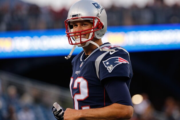 FOXBORO, MA - AUGUST 31: Tom Brady #12 of the New England Patriots reacts before a preseason game with the New York Giants at Gillette Stadium on August 31, 2017 in Foxboro, Massachusetts. (Photo by Jim Rogash/Getty Images)
