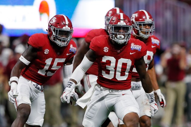 ATLANTA, GA - SEPTEMBER 02:  Mack Wilson #30 of the Alabama Crimson Tide reacts after an interception against the Florida State Seminoles during their game at Mercedes-Benz Stadium on September 2, 2017 in Atlanta, Georgia.  (Photo by Kevin C. Cox/Getty Images)