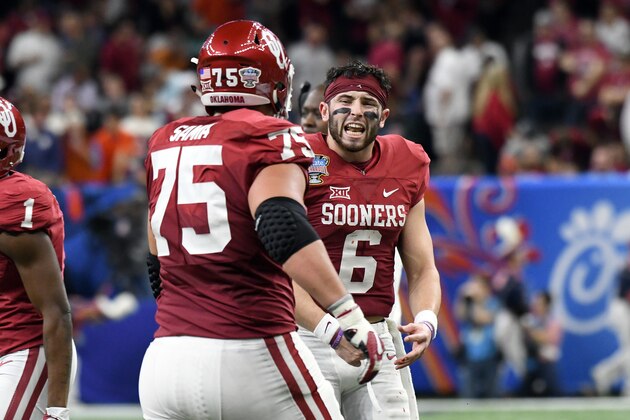 NEW ORLEANS, LA - JANUARY 02: Quarterback Baker Mayfield #6 of the Oklahoma Sooners reacts after an extra point during their victory against the Auburn Tigers in the Sugar Bowl on January 2, 2017 at The Superdome  in New Orleans, Louisiana. (Photo by Jackson Laizure)