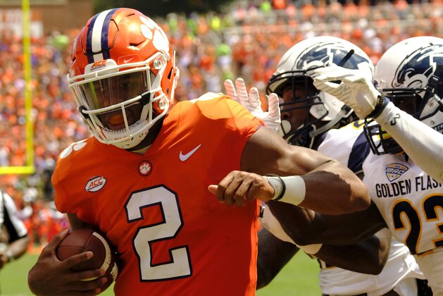 CLEMSON, SC - SEPTEMBER 2: Quarterback Kelly Bryant #2 of the Clemson Tigers scores a touchdown against the Kent State Golden Flashes on September 2, 2017 at Memorial Stadium in Clemson, South Carolina. (Photo by Todd Bennett/Getty Images)