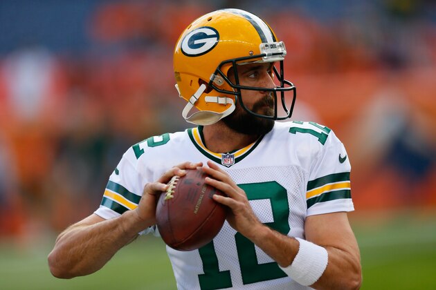DENVER, CO - AUGUST 26:  Quarterback Aaron Rodgers #12 of the Green Bay Packers warms up before a Preseason game against the Denver Broncos at Sports Authority Field at Mile High on August 26, 2017 in Denver, Colorado. (Photo by Justin Edmonds/Getty Images)