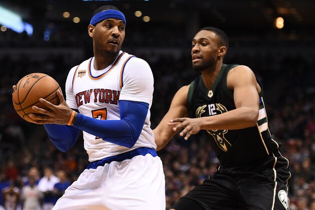 MILWAUKEE, WI - JANUARY 06:  Carmelo Anthony #7 of the New York Knicks works against Jabari Parker #12 of the Milwaukee Bucks during a game at BMO Harris Bradley Center on January 6, 2017 in Milwaukee, Wisconsin.  NOTE TO USER: User expressly acknowledges and agrees that, by downloading and or using this photograph, User is consenting to the terms and conditions of the Getty Images License Agreement.  (Photo by Stacy Revere/Getty Images)