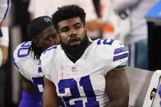 Aug 26, 2017; Arlington, TX, USA; Dallas Cowboys  running back Ezekiel Elliott (21) on the sidelines during the game against the Oakland Raiders at AT&T Stadium. Mandatory Credit: Matthew Emmons-USA TODAY Sports