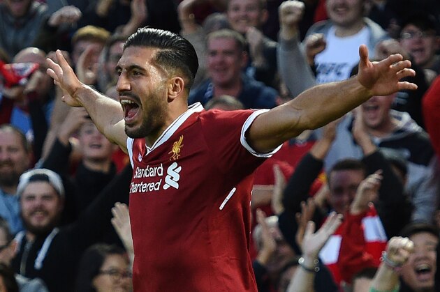 Liverpool's German midfielder Emre Can celebrates scoring the team's first goal during the Champions League qualifier, second leg match between Liverpool and Hoffenheim at Anfield stadium in Liverpool on August 23, 2017. / AFP PHOTO / Oli SCARFF        (Photo credit should read OLI SCARFF/AFP/Getty Images)