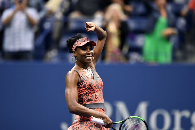 Venus Williams of the US celebrates after defeating Spain's Carla Suarez Navarro during their 2017 US Open Women's Singles match at the USTA Billie Jean King National Tennis Center in New York on September 3, 2017.
Williams won the match 6-3, 3-6, 6-1.  / AFP PHOTO / Jewel SAMAD        (Photo credit should read JEWEL SAMAD/AFP/Getty Images)