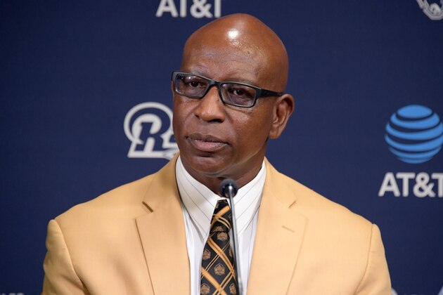 Aug 29, 2017; Thousand Oaks, CA, USA; Los Angeles Rams former running back Eric Dickerson wears a Pro Football Hall of Fame gold jacket during a press conference after signing a one-day contract to retire as a member of the Rams at Cal Lutheran University.  Mandatory Credit: Kirby Lee-USA TODAY Sports