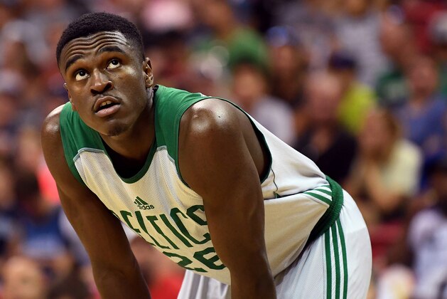 Jul 11, 2017; Las Vegas, NV, USA; Boston Celtics guard Jabari Bird (26) glances at the scoreboard during an NBA Summer League game against the Philadelphia 76ers at Thomas & Mack Center. Mandatory Credit: Stephen R. Sylvanie-USA TODAY Sports