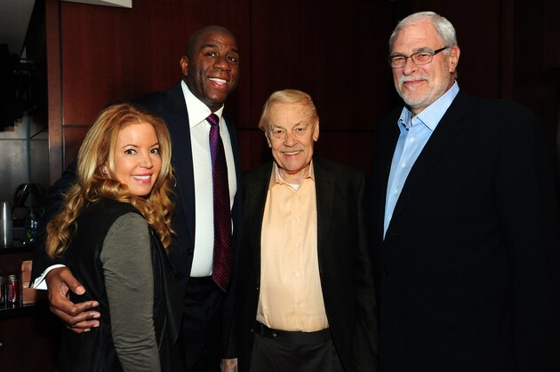 LOS ANGELES - NOVEMBER 7:  Jeanie Buss, Earvin 'Magic' Johnson, Dr. Jerry Buss and Phil Jackson pose for a photo at the Magic Johnson Foundation Press Conference at Staples Center on November 7, 2011 in Los Angeles, California. NOTE TO USER: User expressly acknowledges and agrees that, by downloading and/or using this Photograph, user is consenting to the terms and conditions of the Getty Images License Agreement. Mandatory Copyright Notice: Copyright 2011 NBAE (Photo by Andrew D. Bernstein/NBAE via Getty Images)