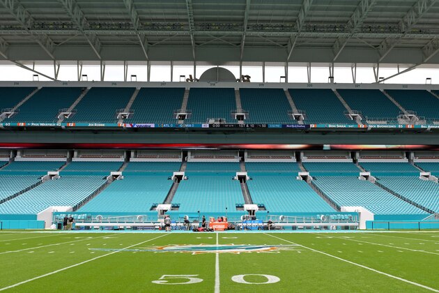 Aug 10, 2017; Miami Gardens, FL, USA; A general view midfield at Hard Rock Stadium prior to the game between the Miami Dolphins and the Atlanta Falcons. Mandatory Credit: Steve Mitchell-USA TODAY Sports