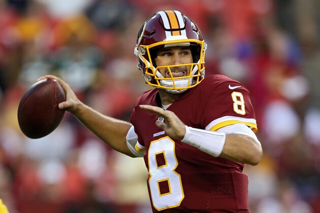 LANDOVER, MD - AUGUST 19: Quarterback Kirk Cousins #8 of the Washington Redskins passes the ball against the Green Bay Packers in the first half during a preseason game at FedExField on August 19, 2017 in Landover, Maryland. (Photo by Patrick Smith/Getty Images)