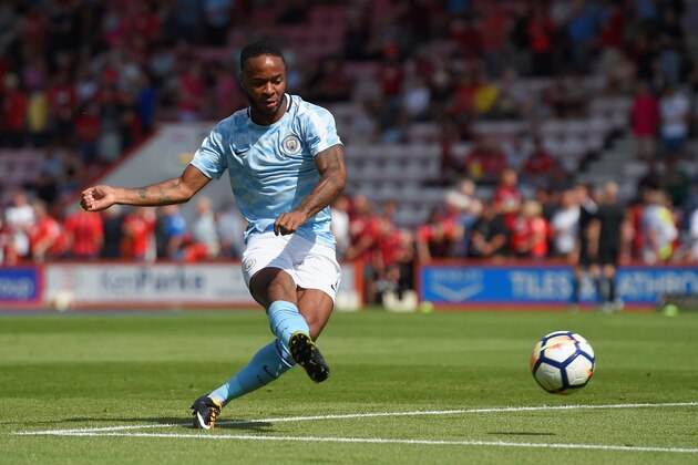 BOURNEMOUTH, ENGLAND - AUGUST 26: Raheem Sterling of Manchester City shoots while warming up prior to the Premier League match between AFC Bournemouth and Manchester City at Vitality Stadium on August 26, 2017 in Bournemouth, England.  (Photo by Mike Hewitt/Getty Images)