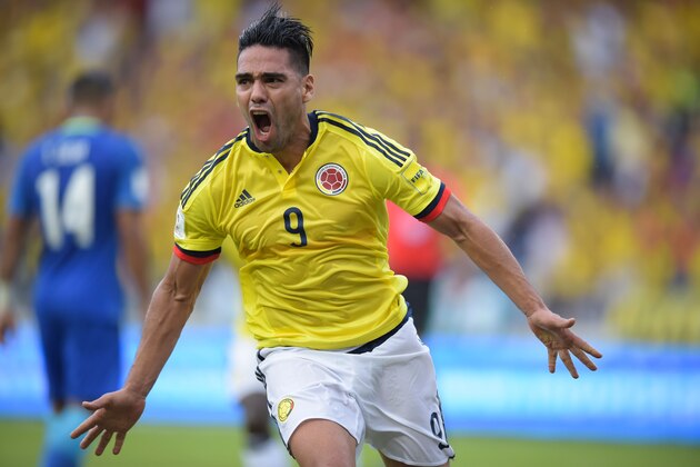 Colombia's Radamel Falcao celebrates after scoring against Brazil during their 2018 World Cup football qualifier match, in Barranquilla, Colombia, on September 5, 2017. / AFP PHOTO / Raul ARBOLEDA        (Photo credit should read RAUL ARBOLEDA/AFP/Getty Images)