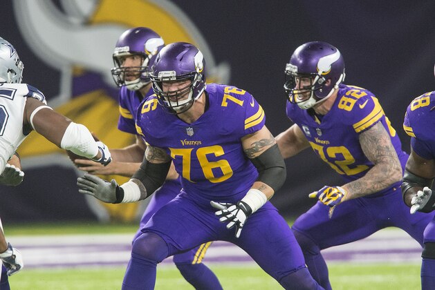 MINNEAPOLIS, MN - DECEMBER 1:  Alex Boone #76 of the Minnesota Vikings blocks during an NFL game against the Dallas Cowboys at U.S. Bank Stadium December 1, 2016 in Minneapolis, Minnesota.  (Photo by Tom Dahlin/Getty Images)