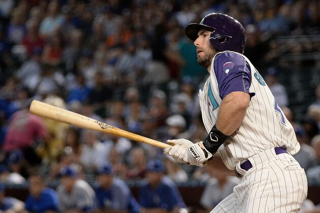 PHOENIX, AZ - AUGUST 31: Paul Goldschmidt #44 of the Arizona Diamondbacks hits a two run double in the first inning against the Los Angeles Dodgers at Chase Field on August 31, 2017 in Phoenix, Arizona. (Photo by Jennifer Stewart/Getty Images)