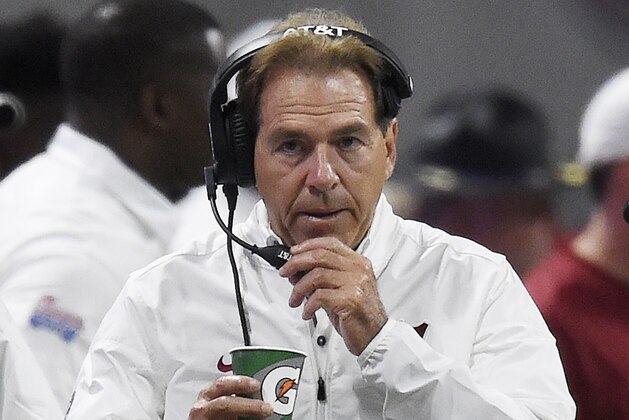 Alabama head coach Nick Saban walk the sidelines during the first half of an NCAA football game against Florida State, Saturday, Sept. 2, 2017, in Atlanta. (AP Photo/Mike Stewart)