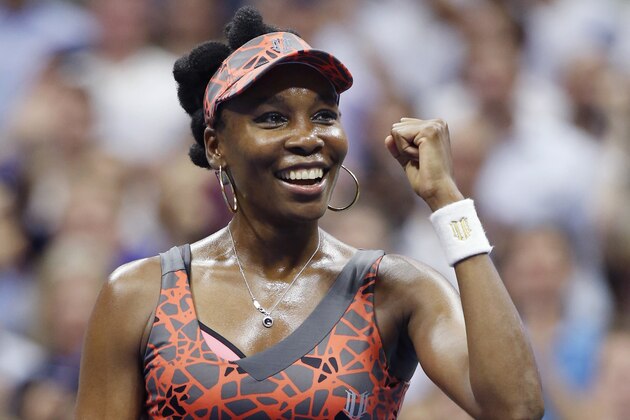 Venus Williams, of the United States, celebrates after defeating Petra Kvitova, of the Czech Republic, 6-3, 3-6, 7-6 (2) in a quarterfinal at the U.S. Open tennis tournament in New York, Tuesday, Sept. 5, 2017. (AP Photo/Kathy Willens)