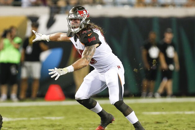 JACKSONVILLE, FL - AUGUST 17: Linebacker Riley Bullough #49 of the Tampa Bay Buccaneers during the game against the Jacksonville Jaguars at EverBank Field on August 17, 2017 in Jacksonville, Florida. The Buccaneers defeated the Jaguars 12 to 8. (Photo by Don Juan Moore/Getty Images)