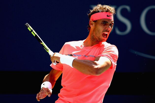 NEW YORK, NY - SEPTEMBER 04:  Rafael Nadal of Spain returns a shot against Alexandr Dolgopolov of Ukraine during their fourth round Men's Singles match on Day Eight of the 2017 US Open at the USTA Billie Jean King National Tennis Center on September 4, 2017 in the Flushing neighborhood of the Queens borough of New York City.  (Photo by Al Bello/Getty Images)