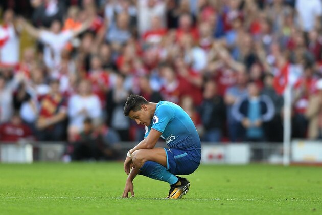 LIVERPOOL, ENGLAND - AUGUST 27:  Alexis Sanchez of Arsenal reacts during the Premier League match between Liverpool and Arsenal at Anfield on August 27, 2017 in Liverpool, England.  (Photo by Michael Regan/Getty Images)
