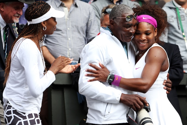 LONDON, ENGLAND - JULY 07:  Serena Williams (R) of the USA celebrates with her father Richard Williams and sister Venus Williams after her Ladies’ Singles final match against Agnieszka Radwanska of Poland on day twelve of the Wimbledon Lawn Tennis Championships at the All England Lawn Tennis and Croquet Club on July 7, 2012 in London, England.  (Photo by Julian Finney/Getty Images)