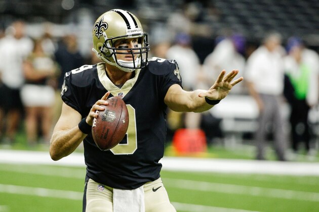 Aug 31, 2017; New Orleans, LA, USA; New Orleans Saints quarterback Drew Brees (9) warms up before a preseason game against the Baltimore Ravens at the Mercedes-Benz Superdome. Mandatory Credit: Derick E. Hingle-USA TODAY Sports
