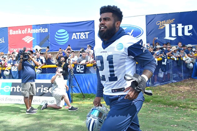 OXNARD, CA - JULY 24:  Ezekiel Elliott #21 of the Dallas Cowboys runs ton to the field for the first day of training camp on July 24, 2017 in Oxnard, California.  (Photo by Jayne Kamin-Oncea/Getty Images)