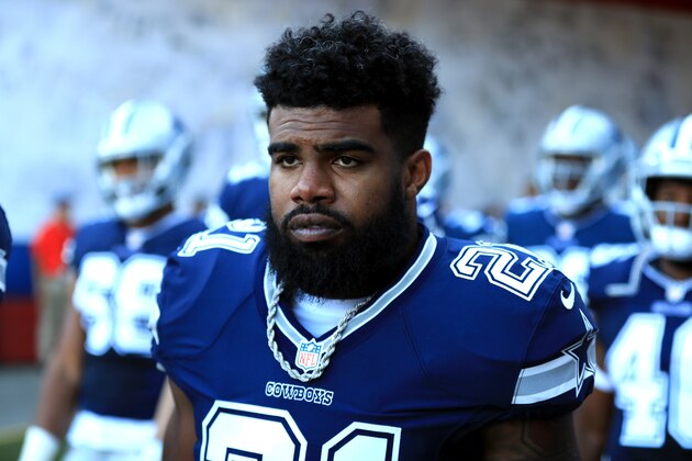 LOS ANGELES, CA - AUGUST 12:  Ezekiel Elliott #21 of the Dallas Cowboys looks on prior to a a presason game against the Los Angeles Rams  at Los Angeles Memorial Coliseum on August 12, 2017 in Los Angeles, California.  (Photo by Sean M. Haffey/Getty Images)