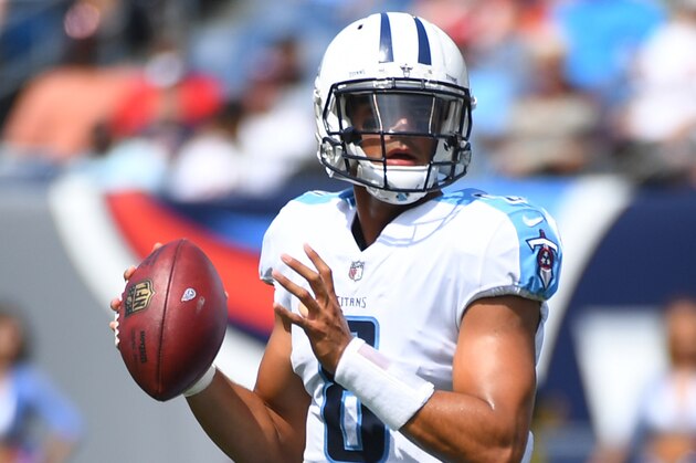 Aug 27, 2017; Nashville, TN, USA; Tennessee Titans quarterback Marcus Mariota (8) looks to pass the ball against the Chicago Bears at Nissan Stadium. Mandatory Credit: Christopher Hanewinckel-USA TODAY Sports